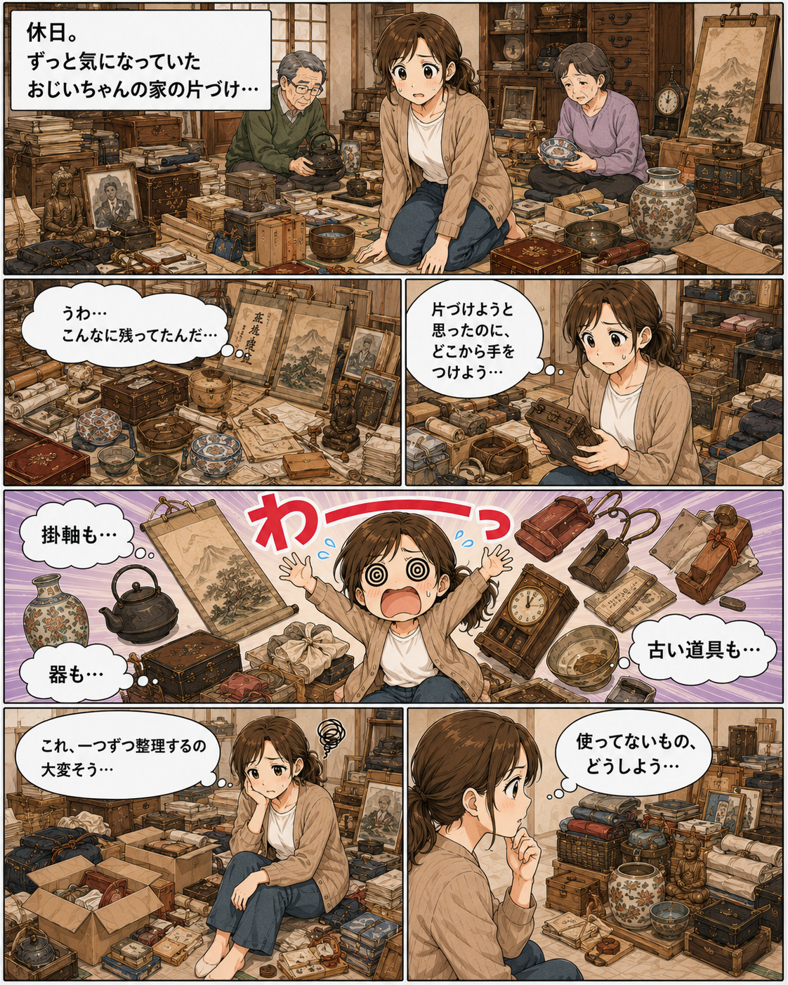 漫画1：実家の片づけ中に古い品を見つける女性
